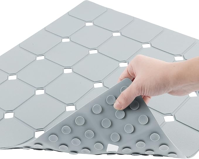 MEIMEIDE Shower Mat Non Slip 21"x21" Silicone Foldable Bath Mat with Suction Cups & Drain Holes, Odorless, Eco-Friendly & Durable, Machine Washable Shower Stall Mat for Adults, Seniors Grey