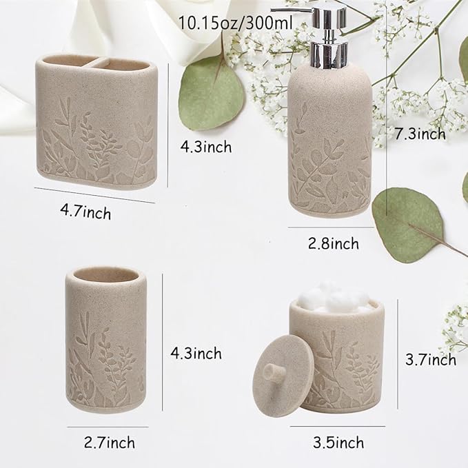 Aksipo Beige Bathroom Accessories Set, 4 Pcs Sturdy Resin Bathroom Accessory Set, Hand Soap Dispenser, Toothbrush Holder Set, Tumbler, Qtip Holder Dispenser, Stylish & Modern Bathroom Decor Set