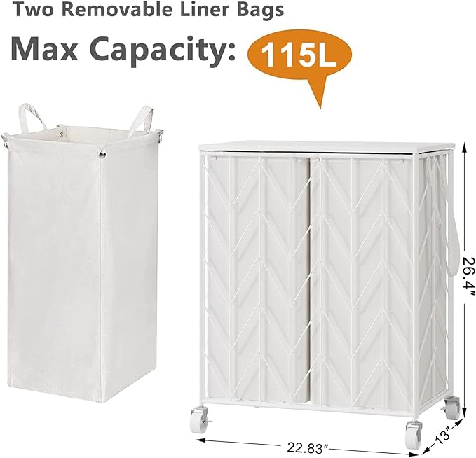 WOWLIVE Laundry Basket with Wheels, Heavy Duty Laundry Hamper with Wood Lid, Clothes Hamper with Divided Removable Liner Bag, Large Capacity Iron-Made Laundry Sorter Laundry Room Organization (White)
