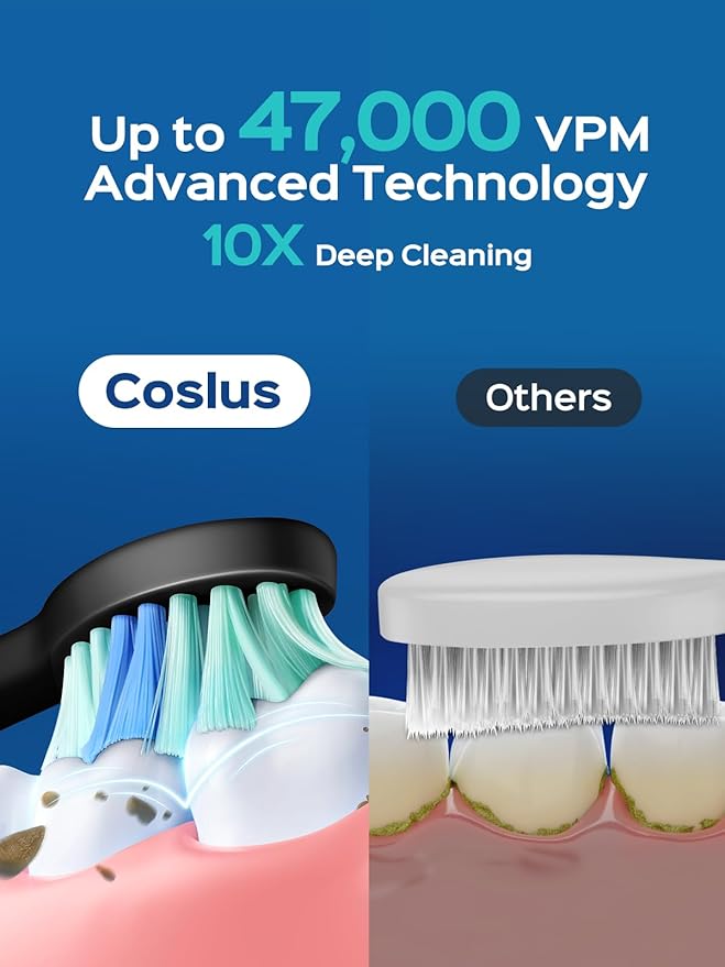 COSLUS Sonic Electric Toothbrush for Adults C40(DY-108Pro): 47000 VPM for Deep Cleaning with Travel Case - 5 Modes for Sensitive Teeth & Brace, Wireless Charging, 6 Brush Heads for Family, Black (1PC)