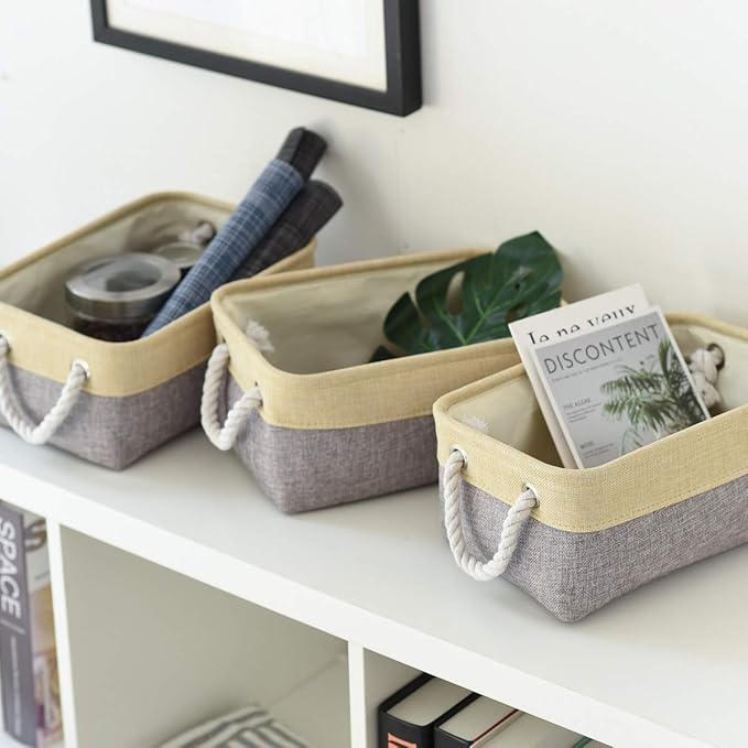 Sacyic Fabric Storage Baskets for Organizing(6 Pack) Small Baskets for Shelves,storage, Laundry, Nursery, Closets, Decorative Baskets for Gifts Empty (Grey & gold, 11.8” x 7.8” x 5.1”)