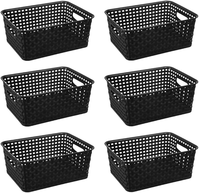Black Plastic Woven Storage Baskets, 6-Pack Weave Basket Organizer for Kitchen Office Bathroom