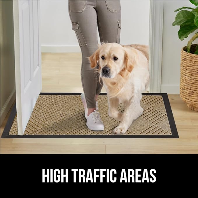 GORILLA GRIP 100% Waterproof All-Season WeatherMax Doormat US Designed Natural Rubber, Stain and Fade Resistant, Low Profile Indoor Outdoor Door Mats, Easy Clean Patio Mat, 23x35, Beige Diamond