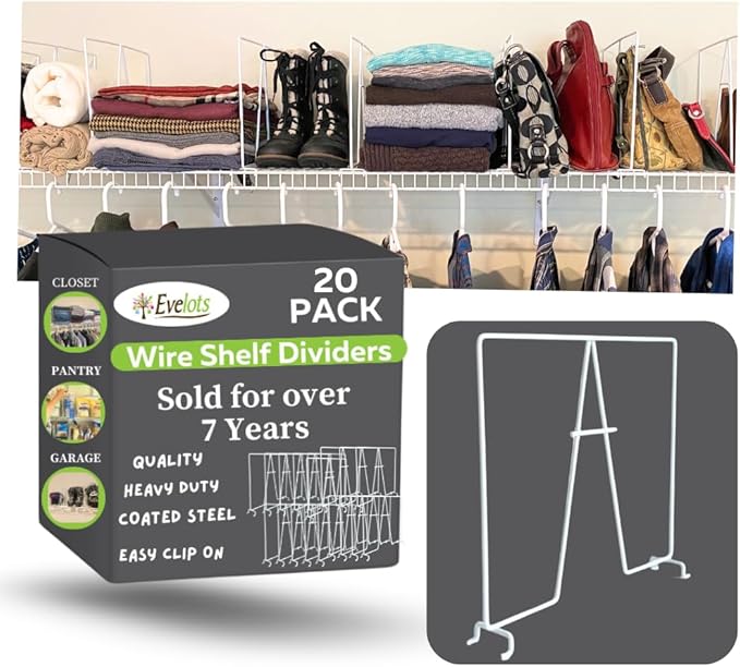 Evelots Wire Shelf Dividers -20 Pack- Closet Storage & Organization for Office/Pantry/Garage - Tall Shelf Separator - Easy Clip-No Tool - Solid Coated Steel