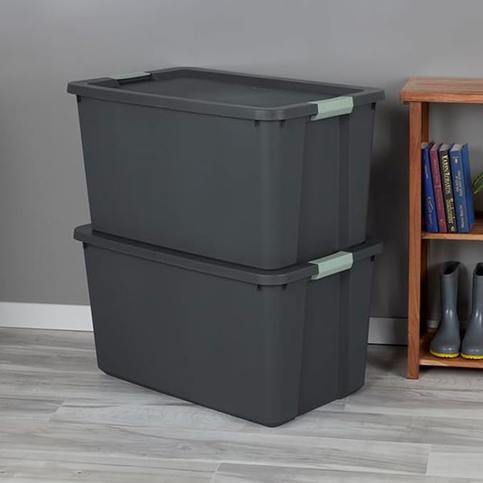 Sterilite 12 Pack 34 Gallon Latch Tote, Stackable Plastic Storage, Gray/Green