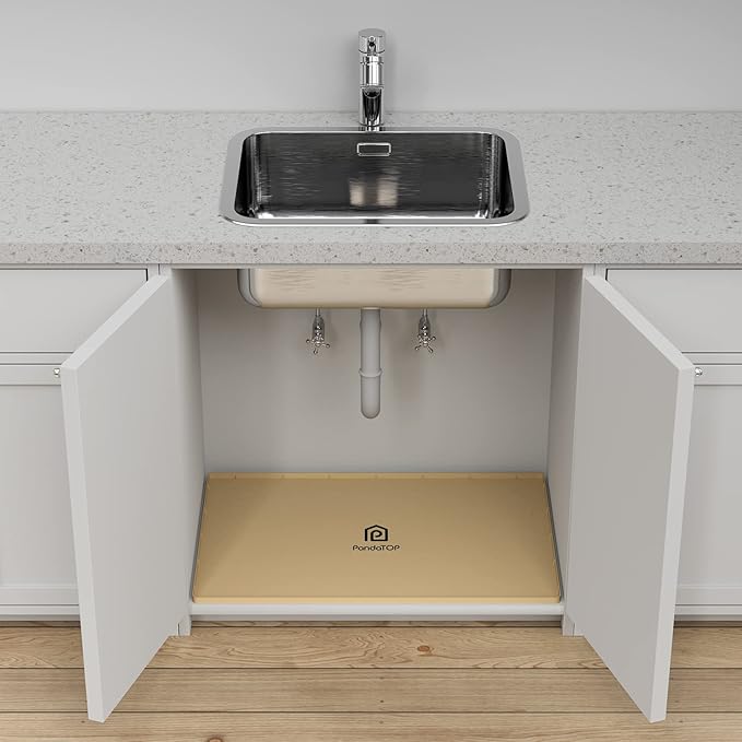 Under Sink Mat, 28" x 22" Silicone Kitchen Cabinet Tray, Waterproof & Flexible Under Sink Liner for Kitchen Bathroom and Laundry Room(Beige)