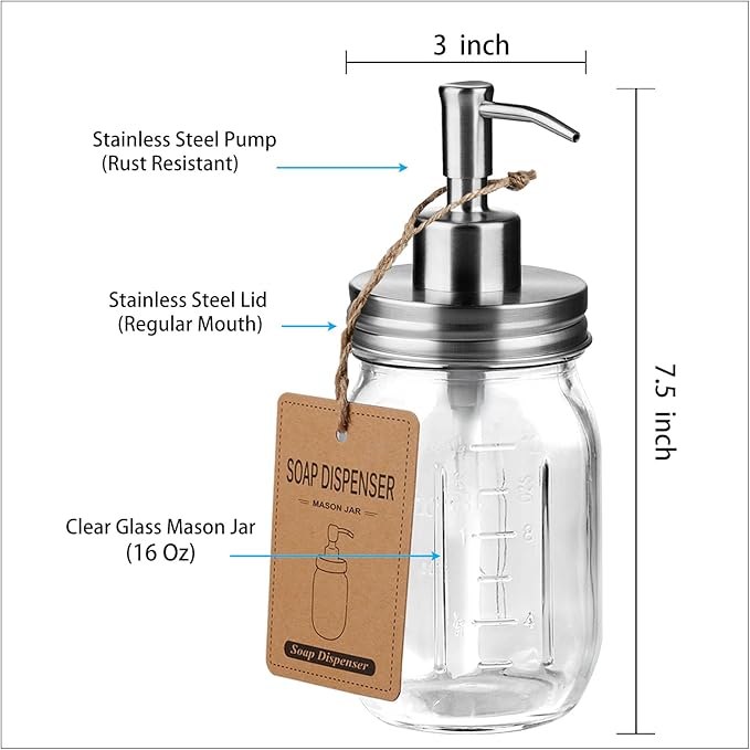 SheeChung 16 Oz Mason Jar Liquid Soap Dispenser, Glass Hand Soap Dispenser, Stainless Steel Pump Lid, Refillable Lotion Dispensers for Bathroom Countertop Kitchen (2, Brushed Nickel)