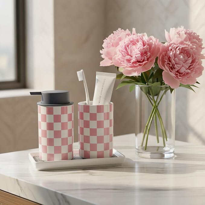 Pink Toothbrush Holder and Soap Dispenser Set, Ceramic Bathroom Accessory Set, Girly Bathroom Accessories Sets, Modern Cute Bath Room Decor for Girls Women-Checkered Pattern