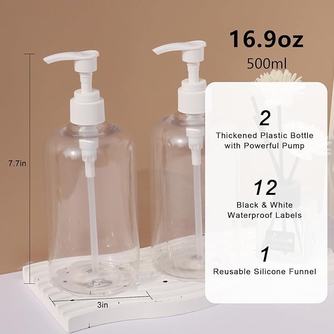 Soap Dispenser with Waterproof Labels, Thickened Plastic Hand Soap Dispenser for Bathroom, Kitchen Dish Washing Liquid Bottles, Shampoo and Conditioner Bottles (16.9 oz, Set of 2, Clear)
