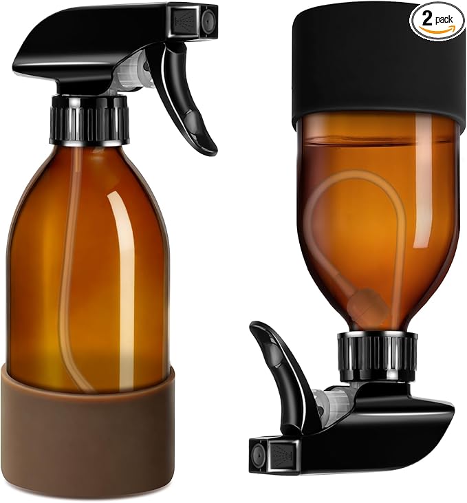 Tecohouse 2 Pack 360° Amber Glass Spray Bottles with Silicone Sleeve, 8 oz Empty Refillable Containers with Adjustable Spray Nozzles, Dark Spray Bottles for Cleaning Solutions, Plants (Black & Brown)
