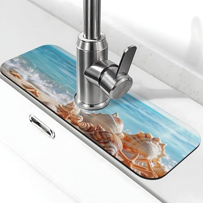 Faucet Draining Mat For Kitchen Sink, Beach Seashells Starfish Diatom Mud Absorbent Drain Pad For Bathroom Kitchen Sink Splash Guard Drying Mat