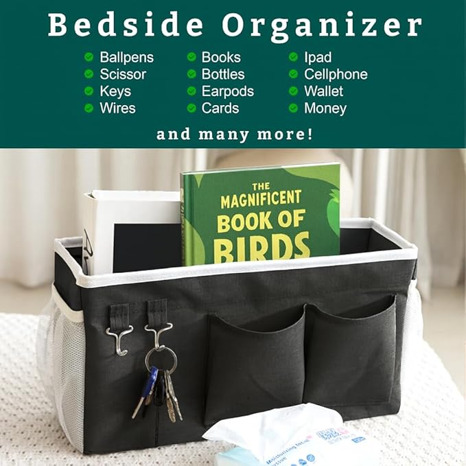 ADVANCELLPRO Bedside Caddy Organizer Hanging Storage Bag with Pockets for Books, Magazines, Phone, Tablet & Water Bottle – Bedside Storage for Dorm, Bunk Beds, Hospital Beds & Cribs, Black