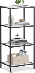 VASAGLE Bookcase, 4-Tier Bookshelf, Slim Shelving Unit for Bedroom, Bathroom, Home Office, Tempered Glass, Steel Frame, Ink Black ULGT028B61