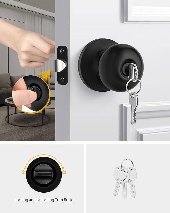 Goldenwarm Keyed-Alike Black Exterior Door Knob with Lock and Key, Front Door Knob, Matte Black Door Knobs Exterior Entry 3 Pack