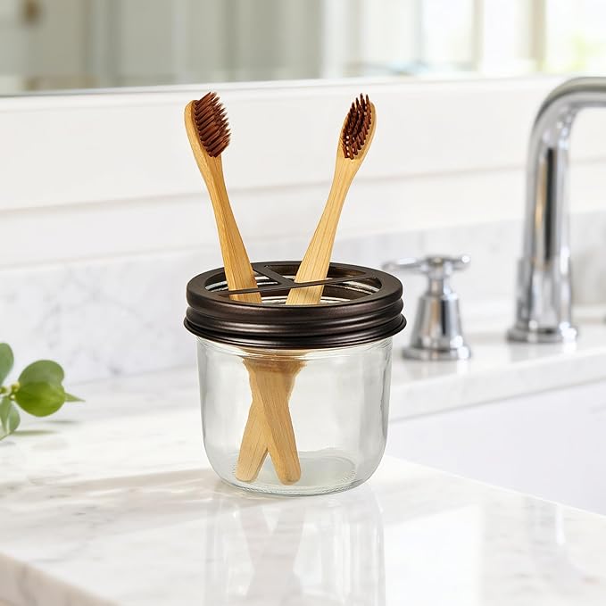 Amolliar Mason Jar Bathroom Accessories Set 4 Pcs -Lotion Soap Dispenser & 2 Qtip Holders & Toothbrush Holder - Rustic Farmhouse Decor, Bathroom Home Decor (Bronze)