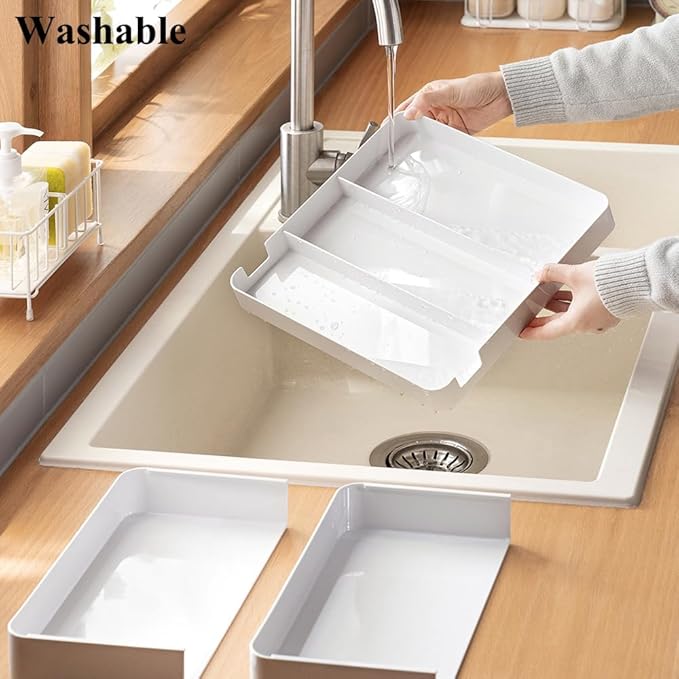 2 Pack Shallow Drawer Organizer (1.57" H), Modular Expandable Desk Dividers (Width 10.6"-17.9" OR Length 16.1"), Detachable Trays for Office Stationery, Makeup, Kitchen, White