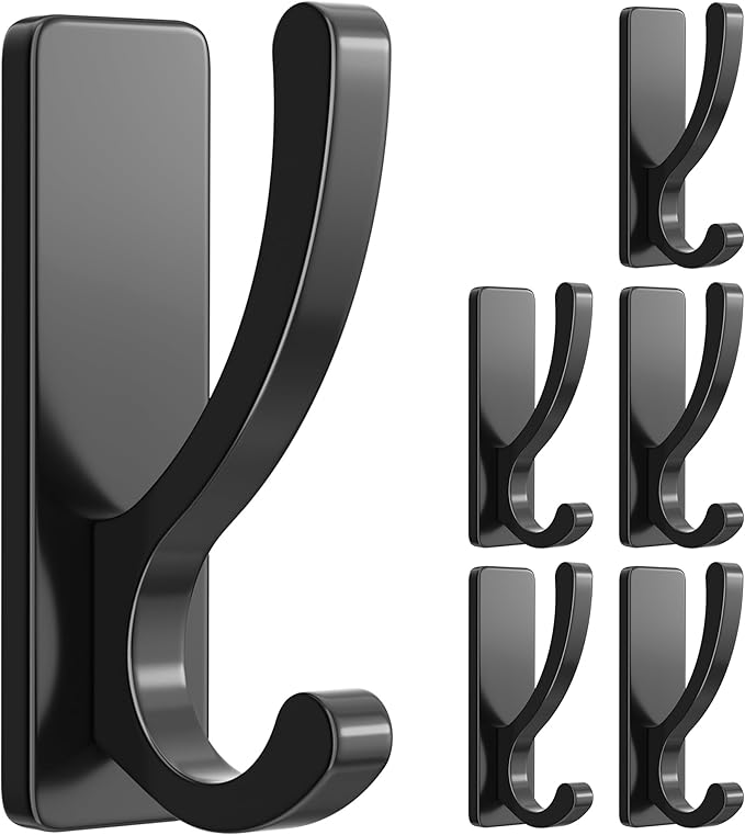 pickpiff Adhesive Wall Hooks for Towels - Sticky Hook Hanging Heavy Duty (13lb), Hanger for Door, Bathroom, Dorm, Closet - for Coats, Purse, Bag, Robe - No Damage to Wall - Black 6 Pack