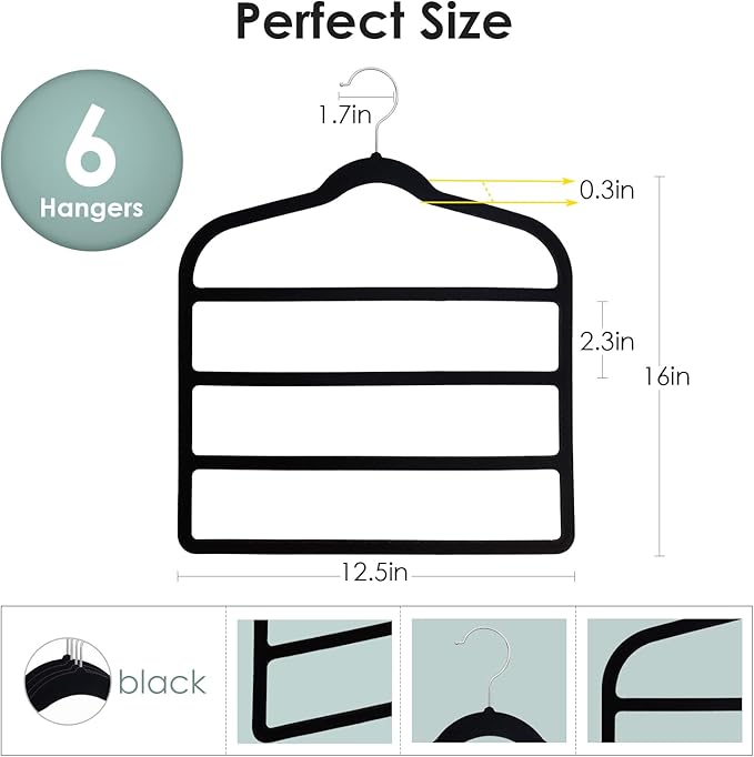 Velvet Hangers Space Saving Non Slip Pant Velvet Hangers, DUDUCOFU 6 Pack Black Multi Layer Clothes Hangers Closet Organizer for Pants Trousers Scarf