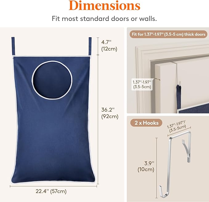 Lifewit 1 Pack Over Door Laundry Hamper, Large Collapsible Hanging Laundry Hamper, Hanging Laundry Basket Bag for Bathroom Bedroom Dirty Clothes Storage Organizer, Dark Blue