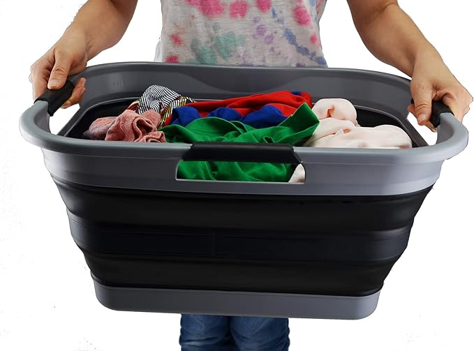 SAMMART 30L (8 gallon) Collapsible Plastic Laundry Basket - Foldable Pop Up Storage Container/Organizer - Portable Washing Tub - Space Saving Basket - Water Capacity 24L(6.3 gallon) (1, Grey/Black)