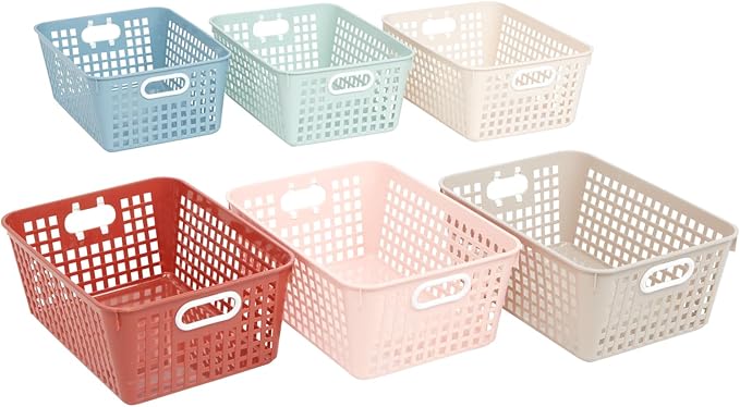 Really Good Stuff Large Plastic Storage Baskets with Handles, 13.75" x 9.75" x 5", Boho Group Colors, for Books & Supplies, Organize Classroom & Home