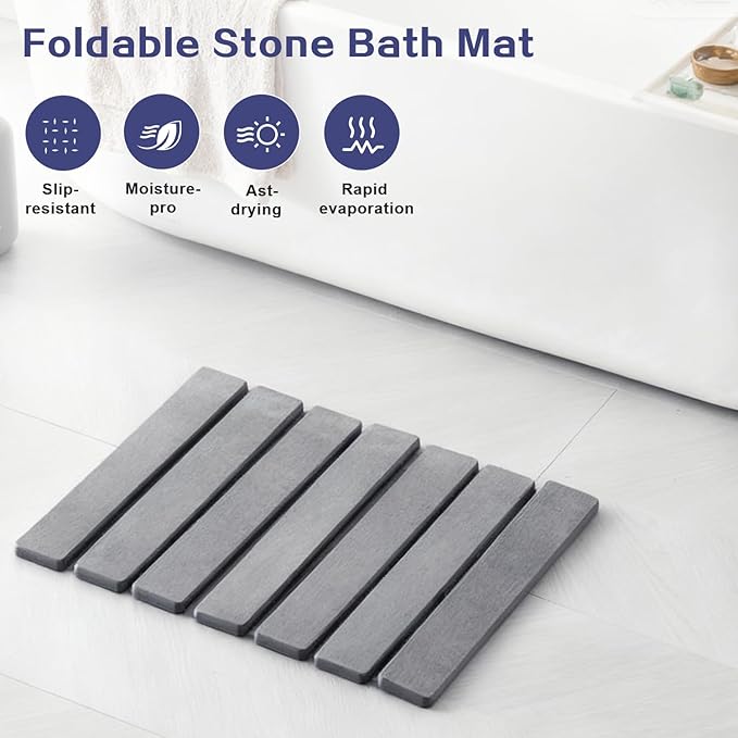 ODE TO ORDER 15.76 Inch Super Absorbent Diatomaceous Earth Mat for Bathroom, Dark Grey Easy Clean Rollable Foldable Stone Bath Mat, Non-Slip Quick Dry Shower Mat for Kitchen, Outdoor Use