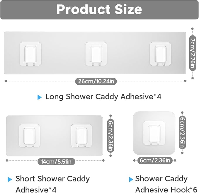 Lsnisni 14 Pack Shower Caddy Adhesive Replacement, Waterproof Shower Shelf Adhesive Strips, Strong Adhesive Flat Hooks for Bathroom Storage Shelves and Kitchen Racks No Drilling, Clear