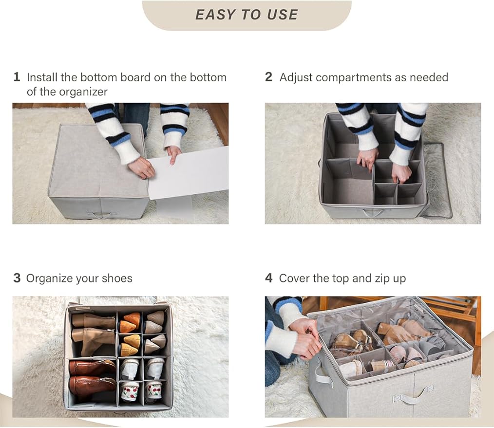 StorageWorks Shoe Organizer for Closet, Fits up to 16 Pairs, Shoe Cubby Storage Containers with Adjustable Dividers and Clear Cover, Taupe | Fits up to 16 Pairs, Clear Cover