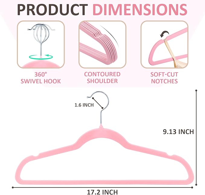 ELONG HOME Pink Slim Velvet Hangers, 50 Pack with 360 Swivel Hook, Non-Slip Heavy Duty for Coats, Pants & Dress Clothes