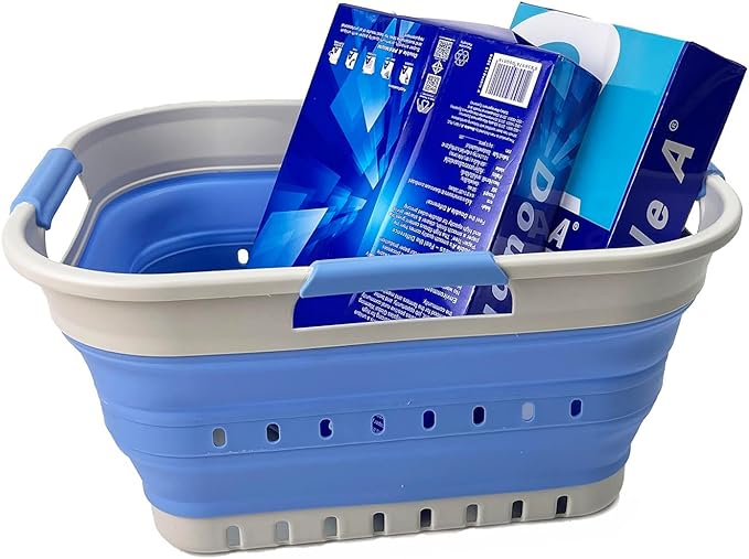 SAMMART Collapsible Plastic Rectangular Laundry Basket - Foldable Pop Up Storage Container/Organizer - Portable Laundry Hamper - Space Saving (Grey/Little Boy Blue, 19L)