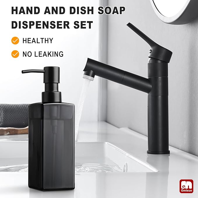 GMISUN Black Glass Soap Dispenser, Hand Soap Dispenser with Stainless Steel Pump for Bathroom, 12 fl oz/350ml Refillable Dish Dispensers for Kitchen, Modern Liquid Lotion Bottles for Countertop