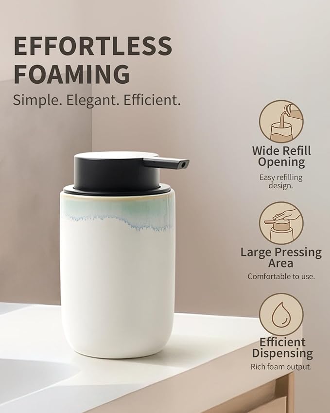 BosilunLife Hand Soap Dispenser - Foam Soap Dispenser Bathroom Ceramic Dish Liquid Soap Dispenser for Kitchen, Bathroom Countertop Soap Dispensers (White with Blue-Green Rim Foam Pump)