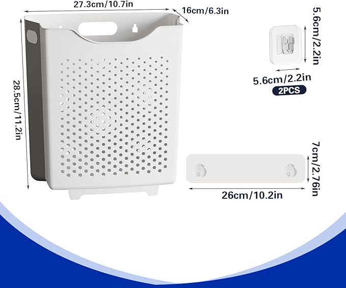 Collapsible Laundry Basket, Wall Mounted Hamper with Handle, Space-Saving Foldable Storage Dirty Washer Organizer, Hanging Multi-function Container for Home, Dorms, RVs, 11 x 6.3 x 11.4 Inch