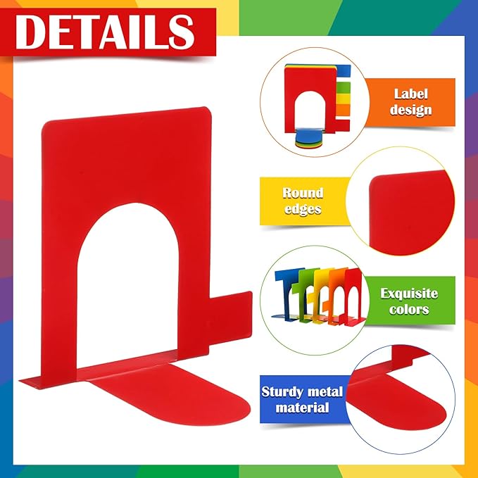5 Set Metal Book Ends for Shelves Rainbow Book Shelf Dividers Library Shelf Marker Bookends Stopper Colorful Office Stand Holder for Heavy Books Desk Home Movies Kitchen Cds