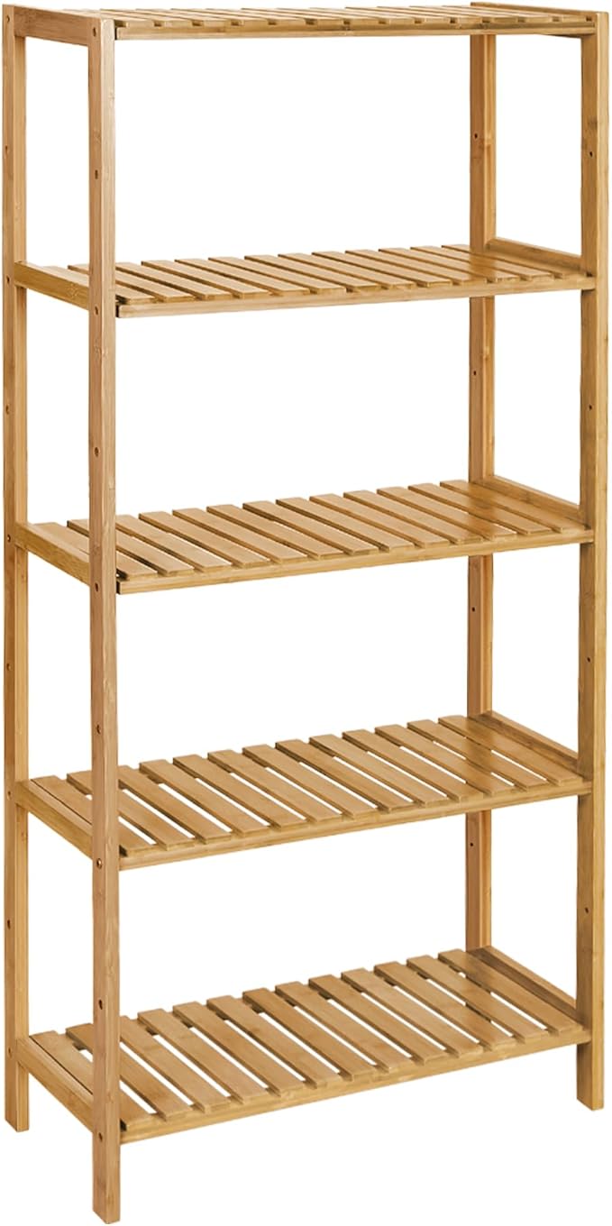 SONGMICS Bamboo Storage Shelf, 5-Tier Shelving Unit, Multifunctional, in The Entryway, Bathroom, Living Room, Balcony, Kitchen, 10.2 x 23.6 x 51.2 Inches, Light Bamboo UBCB35Y