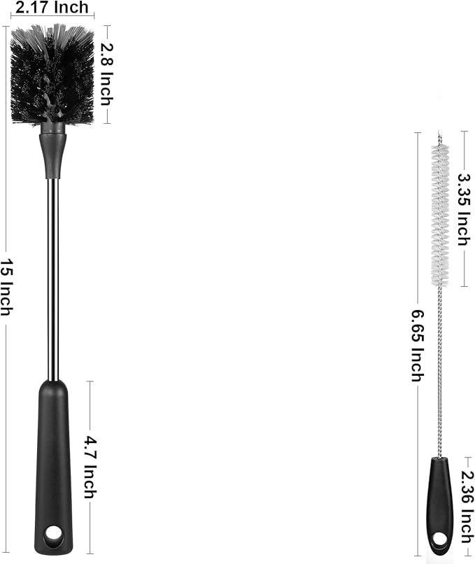 [2 Pack] Bottle Brush, 15 Inches Stainless Steel Long Handle Baby Bottle Scrub Cleaning Brushes with Straw & Lid Brushes for Sports Water Bottle, Cups, Coffee Mugs, Glasswares