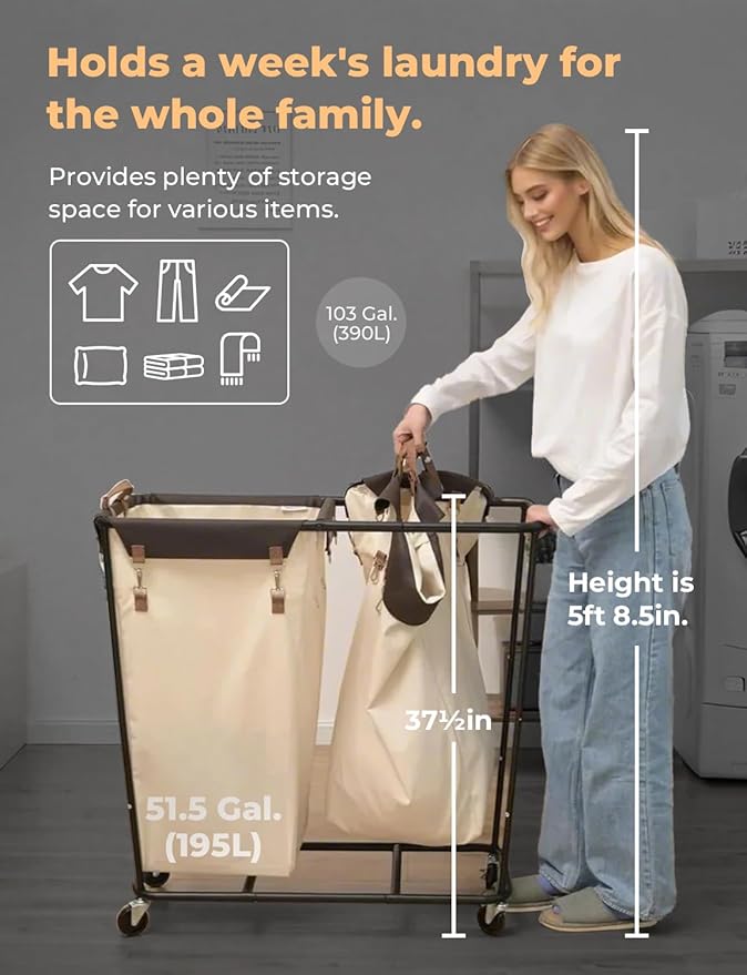 StorageWorks 390L Extra Large Laundry Hamper with Wheels, Laundry Basket with Wheels 2 Sections, Clothes Sorter Cart with Divider for Hotel, Home, Beige, 1-Pack