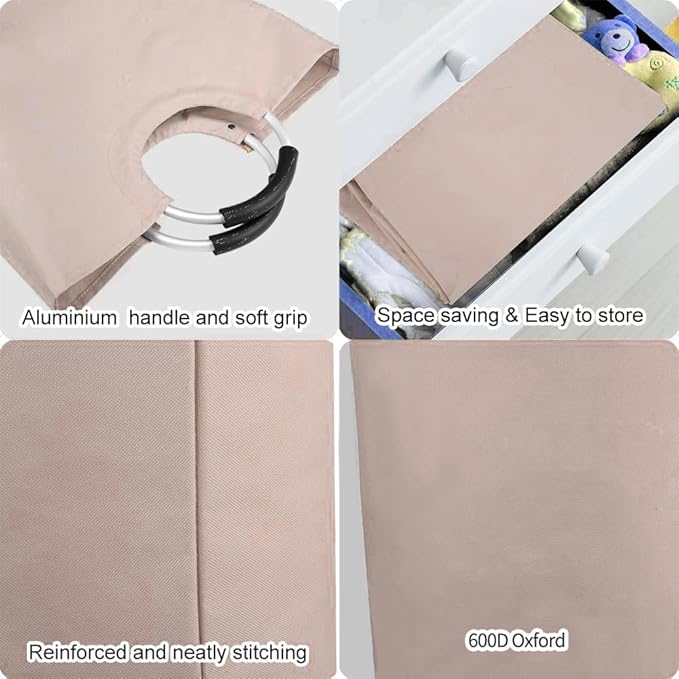 WOOHA 125L Large laundry basket,Collapsible laundry hamper, Tall Clothes Baskets Folding Washing Bin Foldable Fabric Hamper Bags for Bedroom, Closet,Bathroom,College,laundry bag,khaki