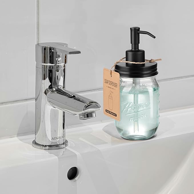 SheeChung 16 Oz Mason Jar Liquid Soap Dispenser, Glass Hand Soap Dispenser, Stainless Steel Pump Lid, Refillable Lotion Dispensers for Bathroom Countertop Kitchen (1, Black)