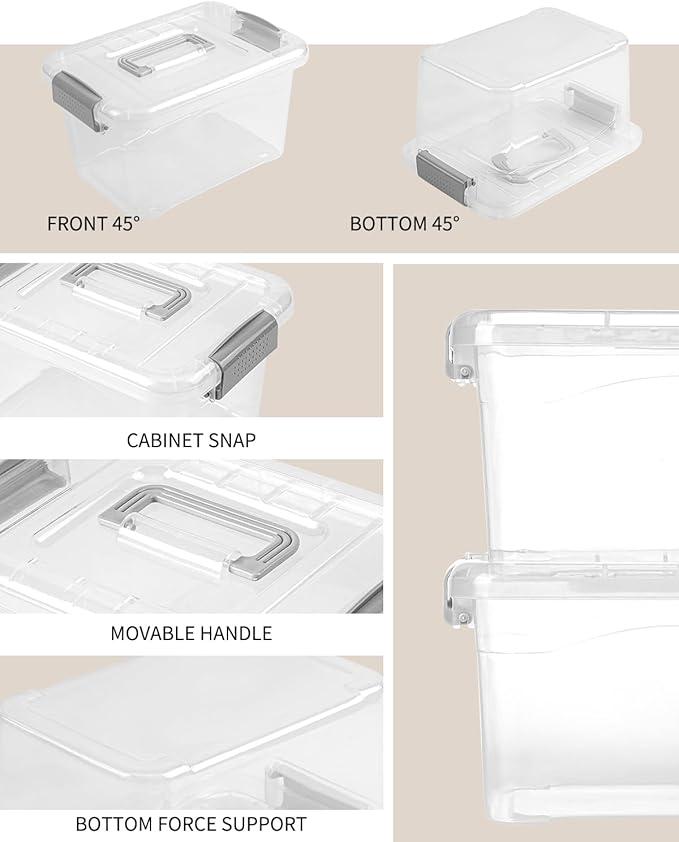 Plastic Storage Bins 7 Quart-Storage Organizer Bins with Grey Buckle Lids, Stackable Storage Bins with Lids for Home Office Kids Room Closet School Art Supplies Organization,6 Packs, Clear