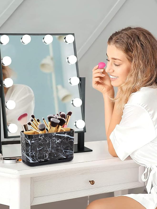 Marble Toothbrush Holders, 5 Slots Bamboo Toothbrush and Toothpaste Holder for Bathroom Counter with Drainage, Kids Electric Toothbrush Organizer, Black Toothbrush Holders for Bathrooms
