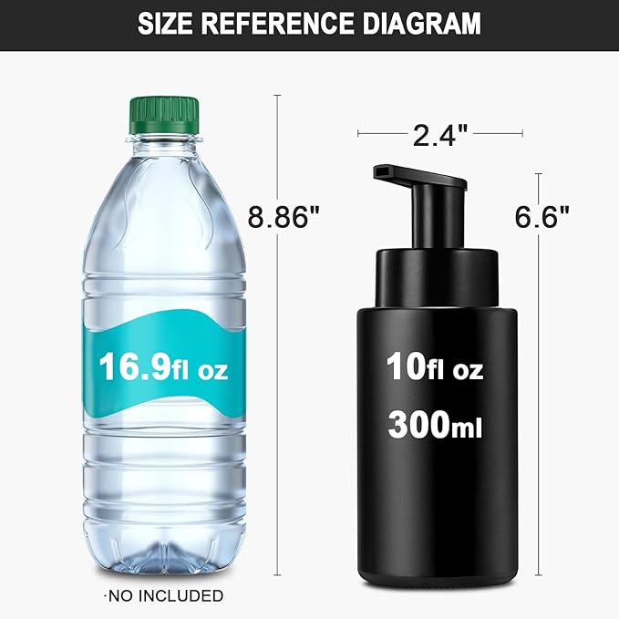 Matte Black Foaming Hand Soap Dispenser, 10 oz/300ml Glass Foam Dispenser, 2 Pcs Foaming Soap Dispenser for Bathroom, Black Refillable Pump with Waterproof Labels