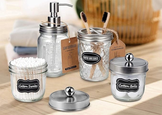 Amolliar Mason Jar Soap Dispensers, Rustproof Stainless Steel Lid &Pump, Refillable Wash Hand Soap for Bathroom,Kitchen-Ideal for Dish Soap,Liquid Soap, Lotions,Waterproof Stickers,16OZ Brushed Nickel