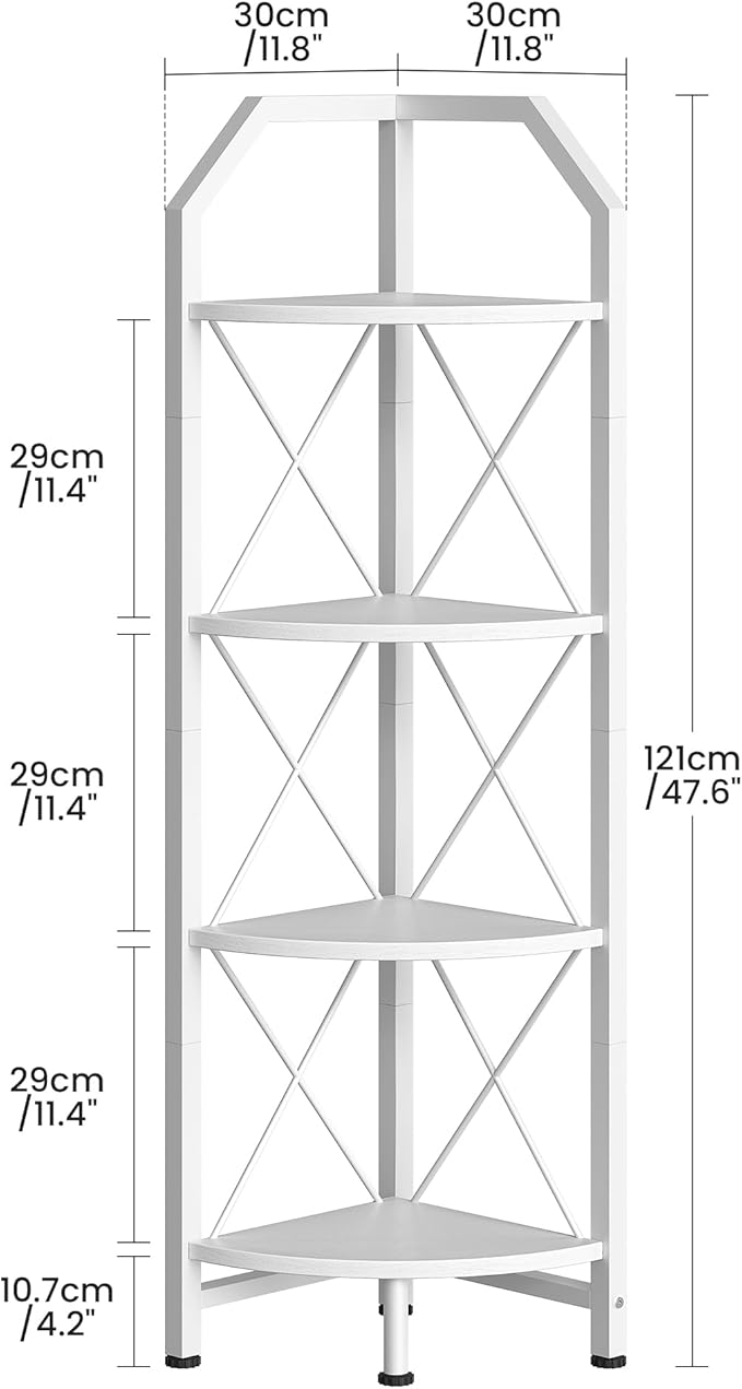 4-Tier Corner Shelf, Industrial Corner Bookshelf, 47.6" Corner Storage Stand, Plant Stand Display Shelf, Corner Bookcase for Bedroom, Living Room, Home Office, White TCJ09WB