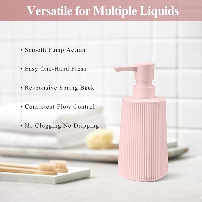 Pink 2 Pack Hand Soap Dispensers with No Rust Pump for Bathroom Kitchen or Vanity Countertops Refillable Striped Matte Plastic 8.5 oz Cute Design for Girls Room Decor