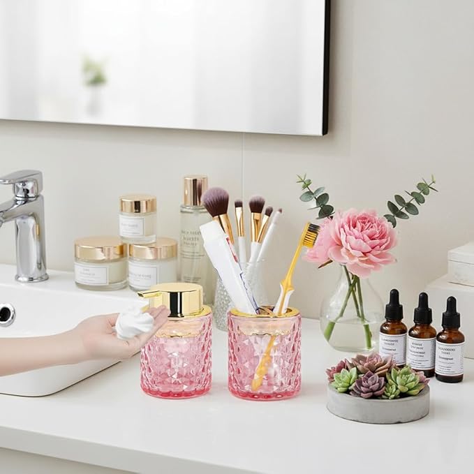 Pink Bathroom Accessories Set,2pcs Glass Bathroom Accessory Set with Foam Soap Dispenser and Toothbrush Holder,Gold Soap and Toothbrush Holder Sets,Perfect for Housewarming Gift,Home Decor