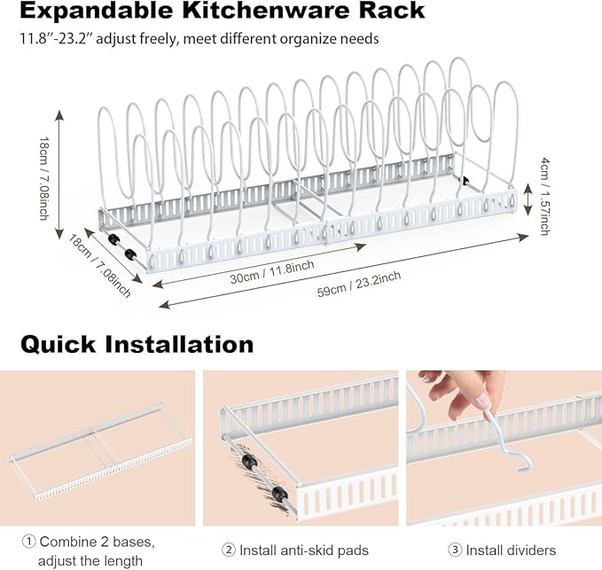 Housolution 2 Pack Pot and Pan Organizer Rack, 12"-23" Expandable Pot Lid Organizer with 14 Adjustable Dividers, Pan Holder Storage Rack for Kitchen Cabinet, White