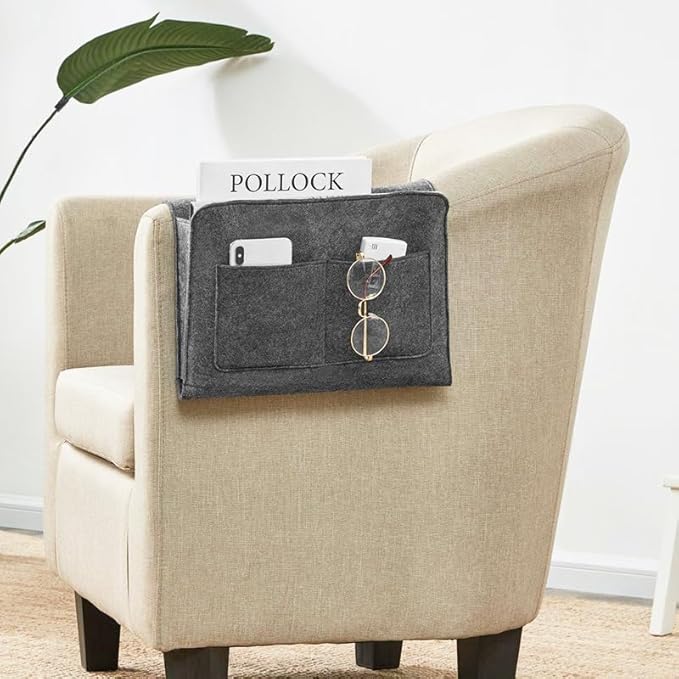 Bringsine 5 Pockets Bedside Caddy, Felt Bed Storage Organizer Hanging Bag Holder for Magazine Book Phone Tablet iPad Cables Remote and Glasses Holder Home Dorm Bed Sofa-Dark Gray