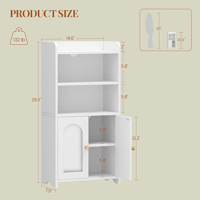 Small Bathroom Storage Cabinet, Bathroom Organizers and Storage with 2 Doors and Shelves, Floor Cabinet Freestanding with Adjustable Shelf for Small Spaces, White 7.9" D x 14.6" W x 29.6" H