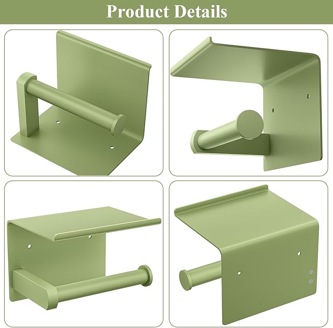 Tindbea Toilet Paper Holder with Shelf Adhesive or Screw Wall Mounted Toilet Paper Roll Dispenser Storage, Stainless Steel Bathroom Shelf Holder Accessories (Soft Sage Green)